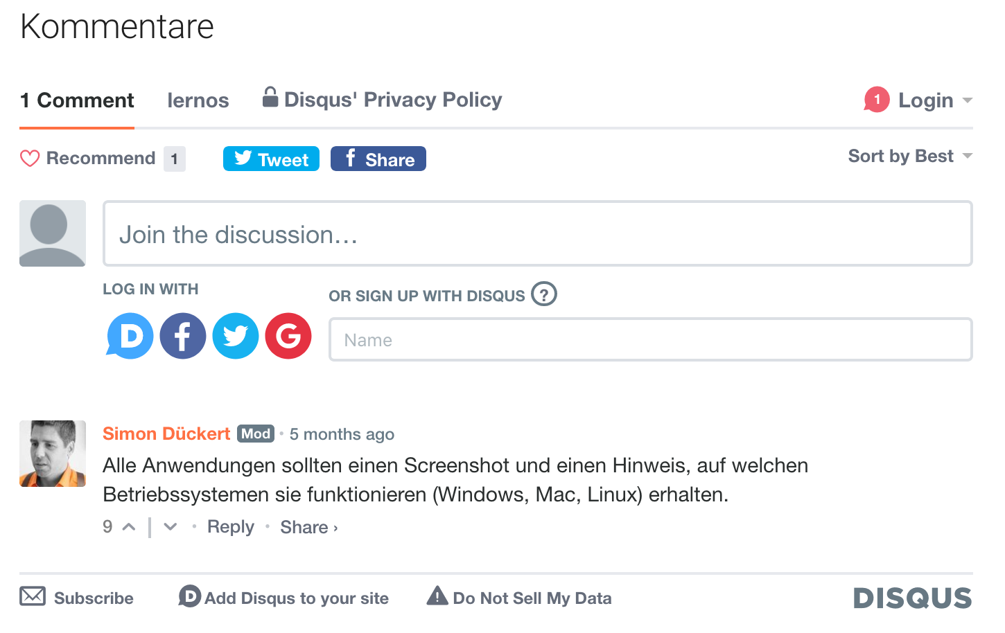 Kommentare mit Disqus Screenshot
